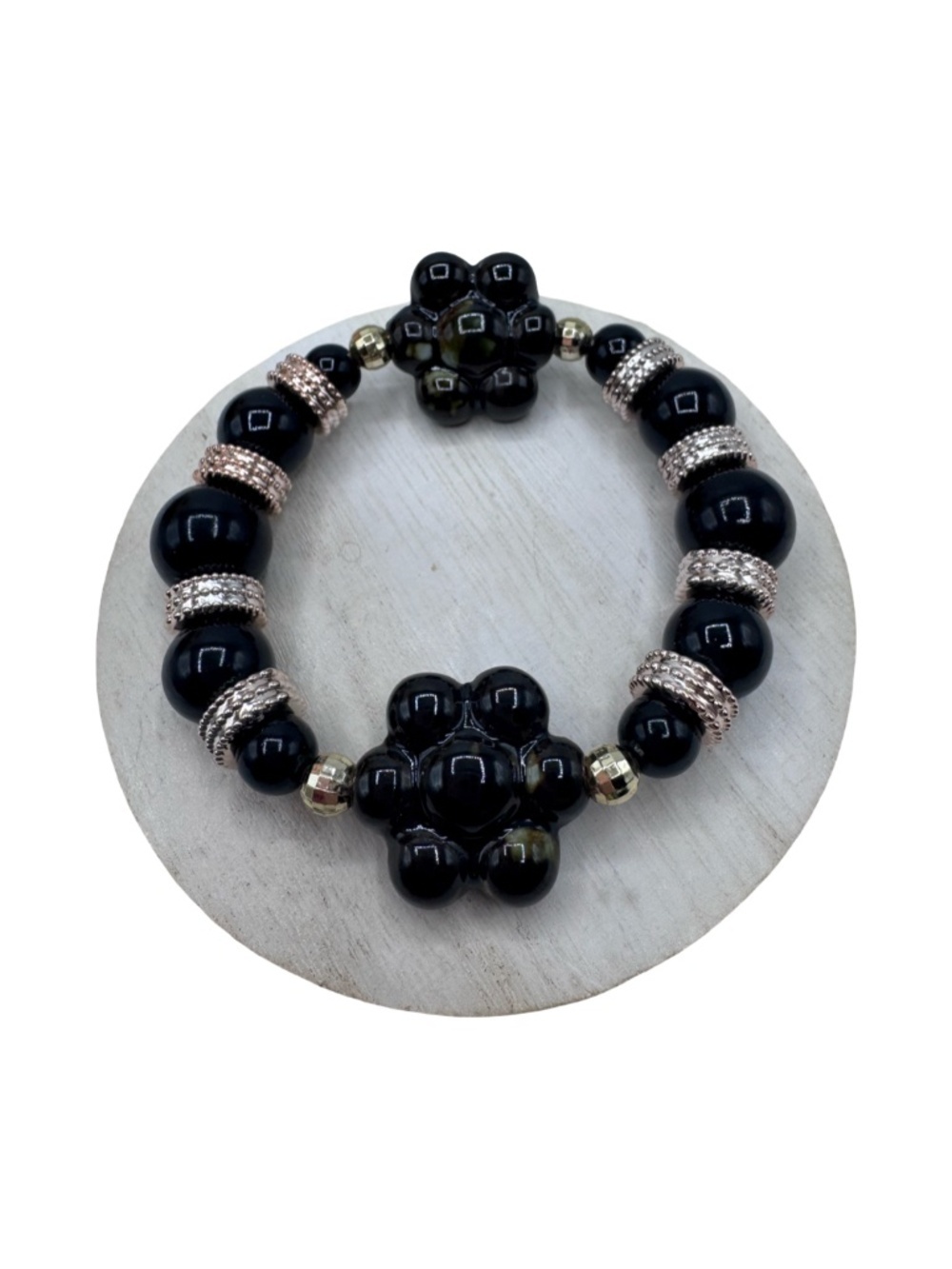 Black Beaded Stretch Bracelet with Floral Center & Silver Accent Rings - Picture 6 of 6
